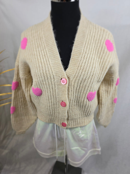Jaquette-Pull à cœur beige-rose ou marine-rose avec boutons