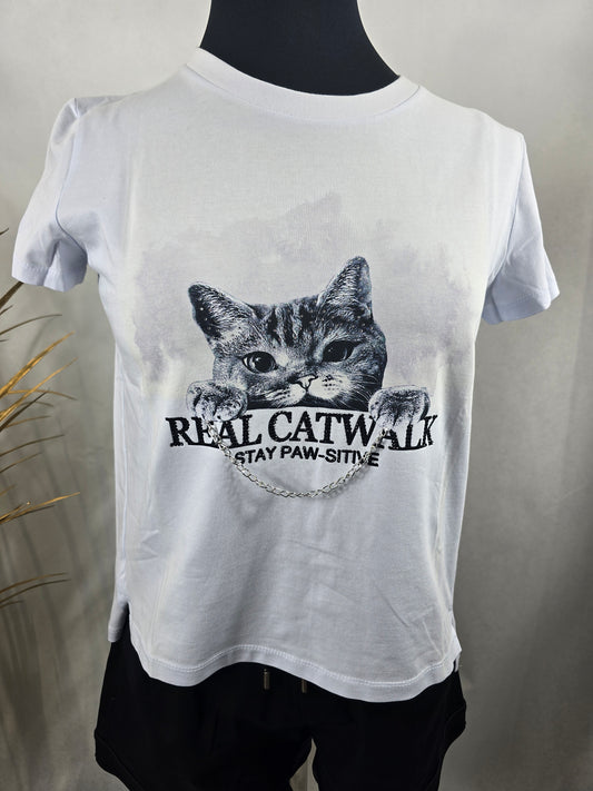 T-shirt avec dessin de chat et strass