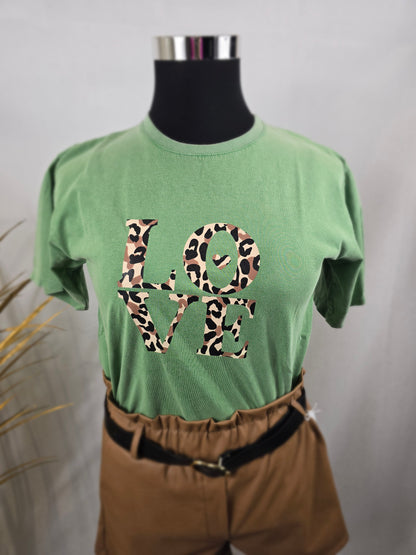 T-shirt vert "LOVE" Léopard