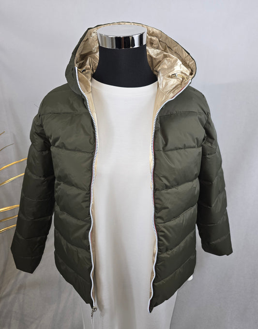 Veste réversible verte et dorée avec capuchon