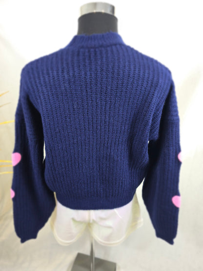 Jaquette-Pull à cœur beige-rose ou marine-rose avec boutons