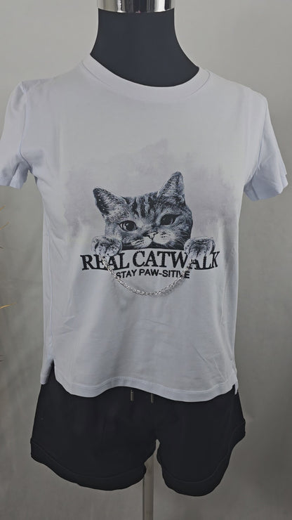 T-shirt avec dessin de chat et strass