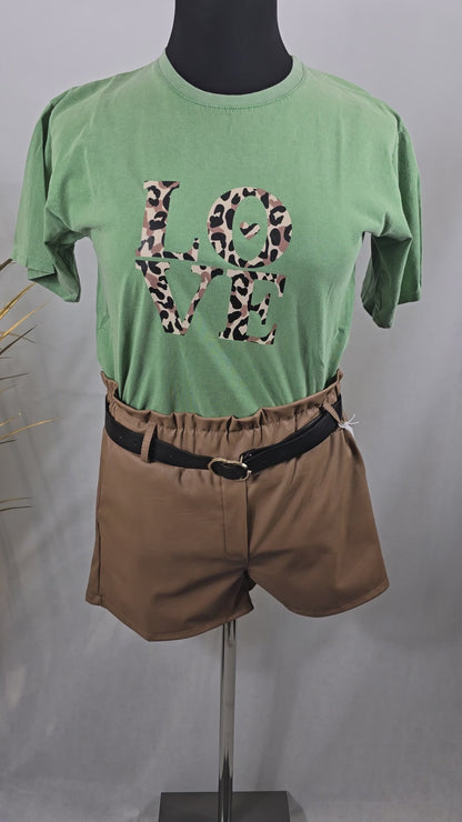 T-shirt vert "LOVE" Léopard